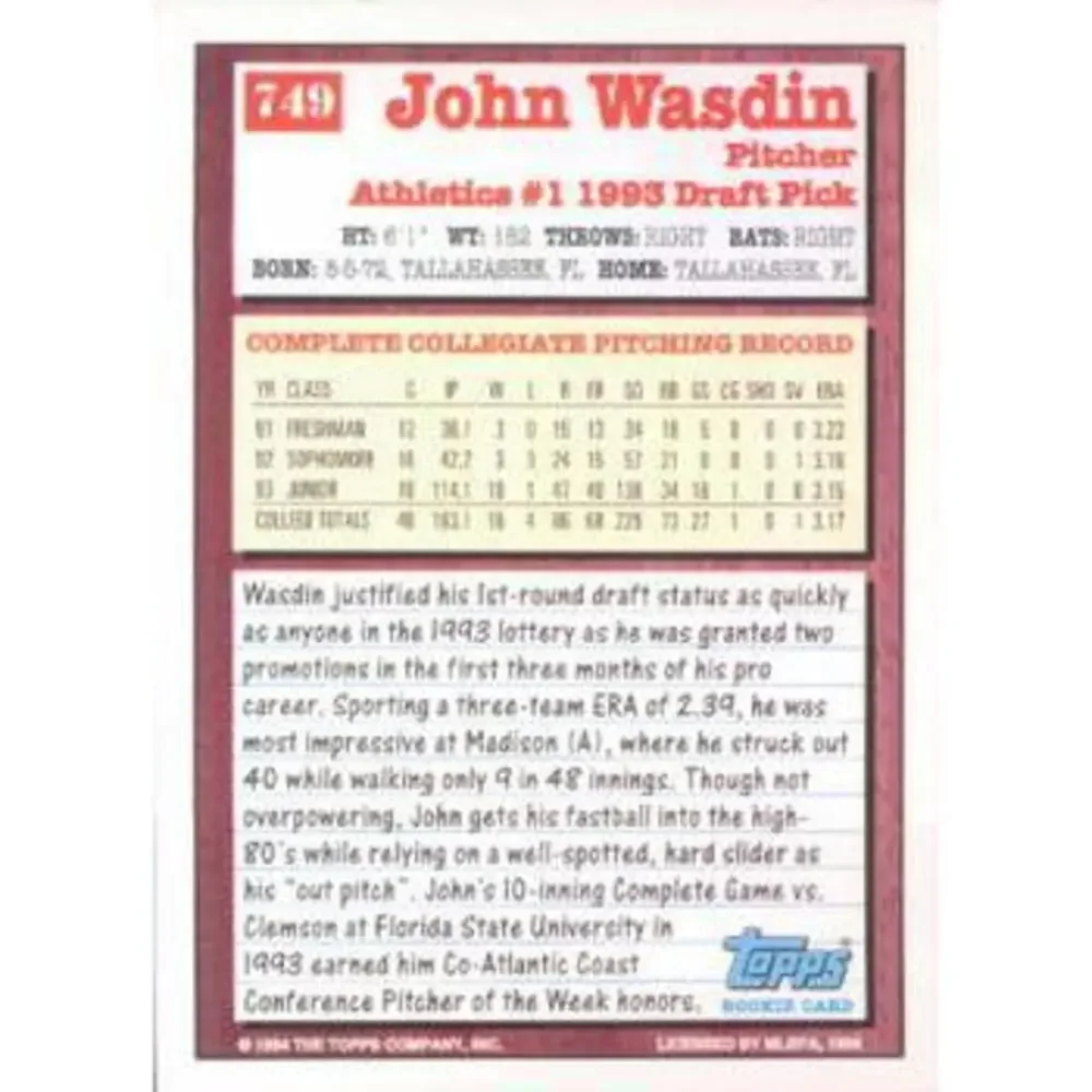 1994 Topps John Wasdin DPK, RC # 749 Oakland Athletics
